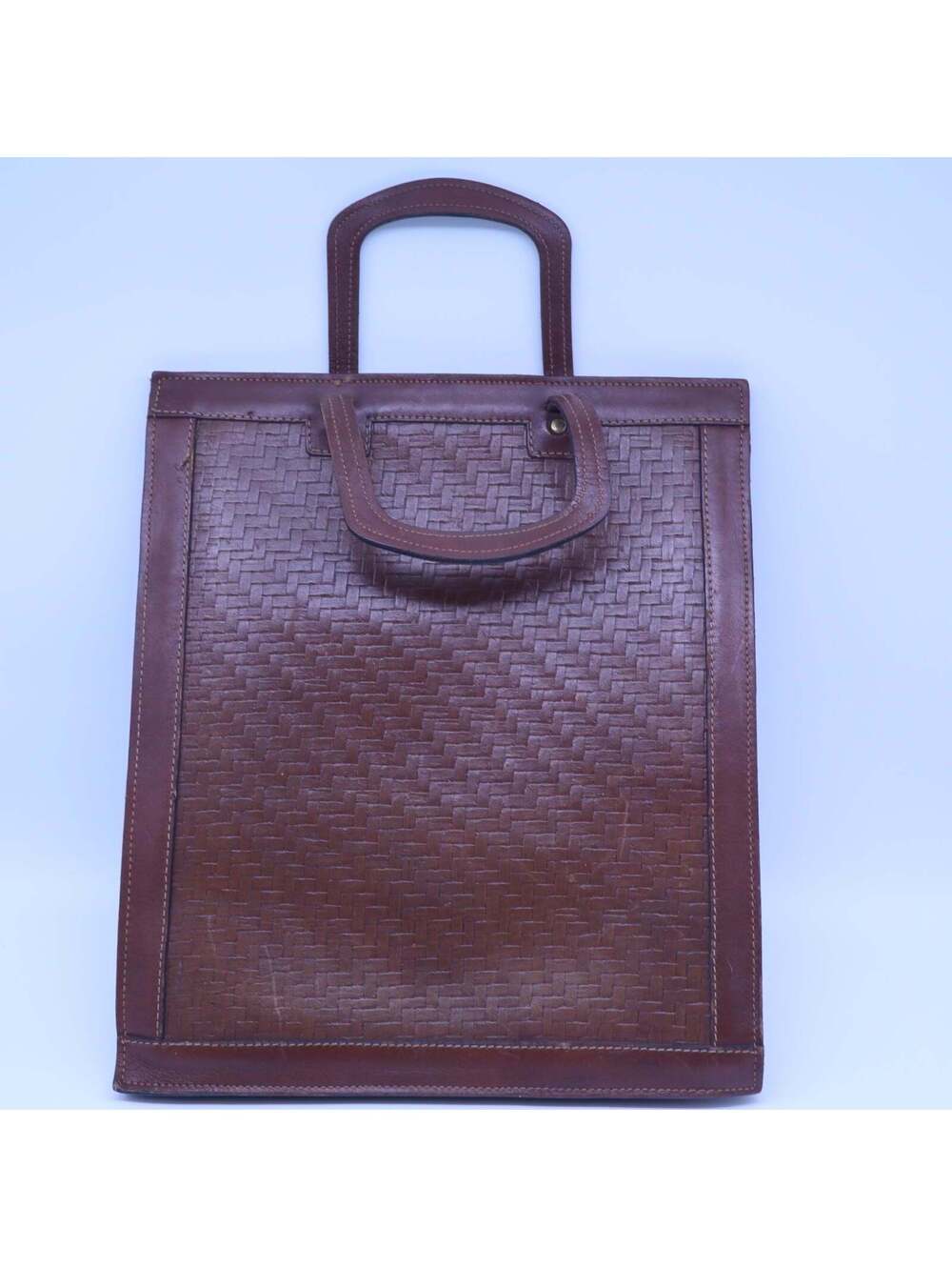 Vintage Woven Tooled Brown Leather Book Tote Bag Structured Document Portfolio